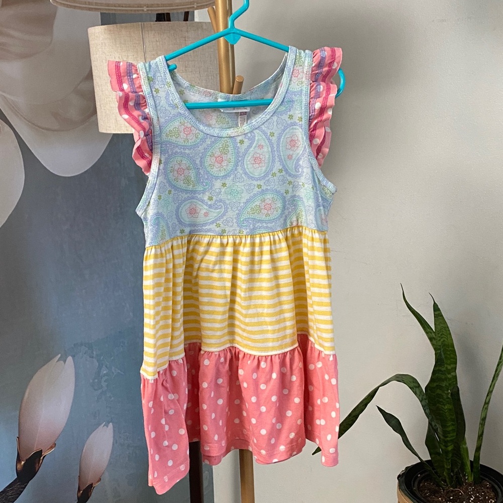 435 by Matilda Jane Girls Tiered Summer Dress in Light Blue, Yellow & Pink sz 10